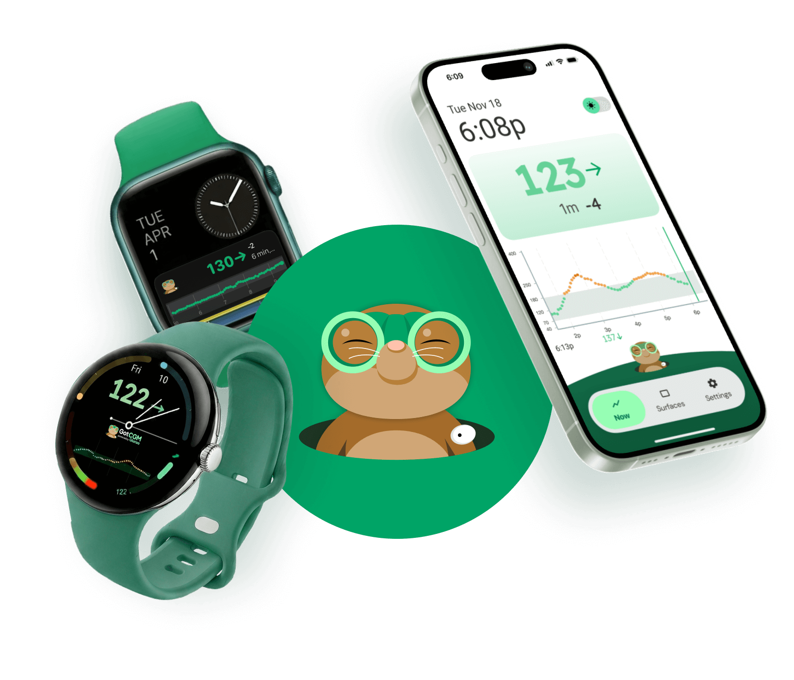 App mascot surrounded by devices showing blood glucose numbers